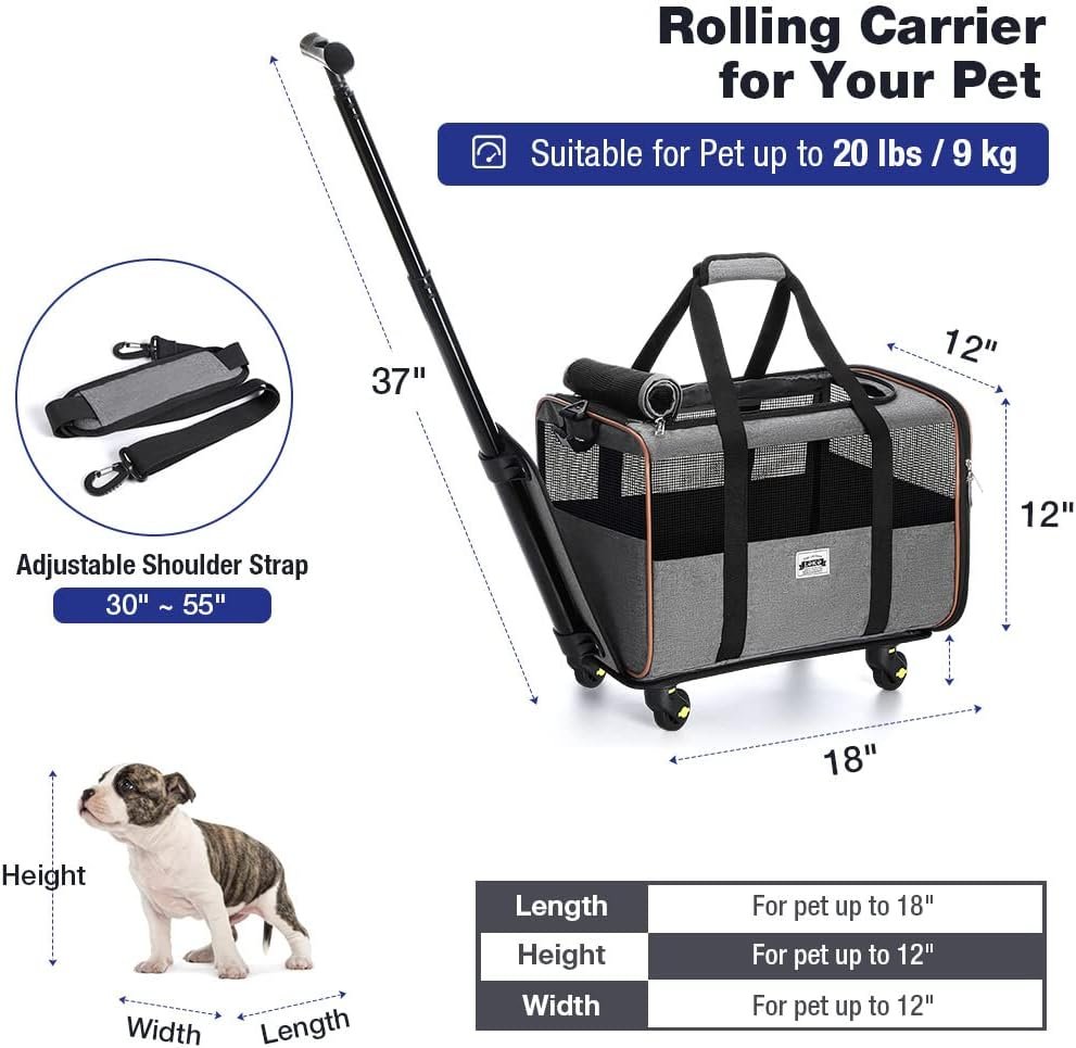 Lekesky Cat Dog Carrier with Wheels Airline Approved Rolling Pet Carrier with Telescopic Handle and Shoulder Strap, Grey