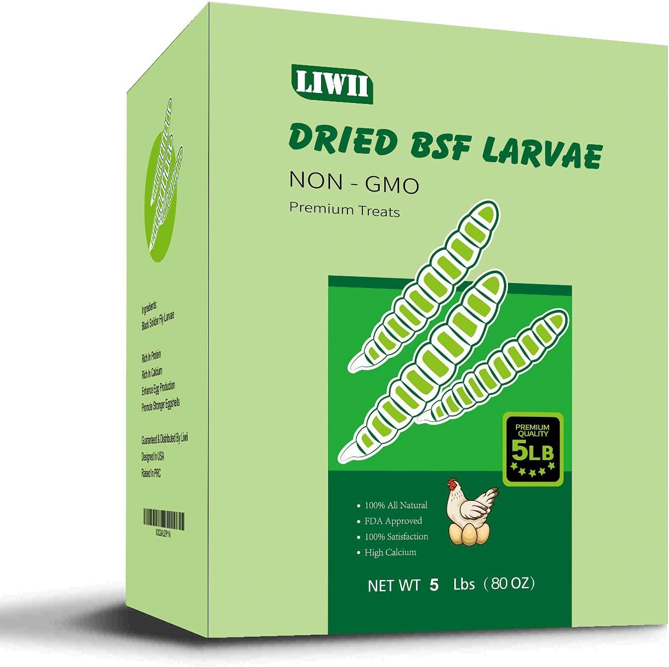 LIWII Dried Black Soldier Fly Larva- 5 LBS-100% Natural Non-GMO Extra Calcium  Protein Compare with Dried Mealworms, Chicken Treats, Bearded Dragon Food, Wild Birds, Hedgehog, Turtles, Reptile Food