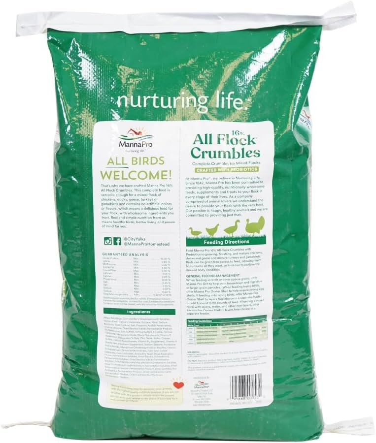Manna Pro All Flock Crumbles - Crafted with Probiotics for Gut Health  Digestion - 16% Protein for Mixed Flocks with No Artificial Colors or Flavors - Crumbled for Easy Feeding - 8lbs