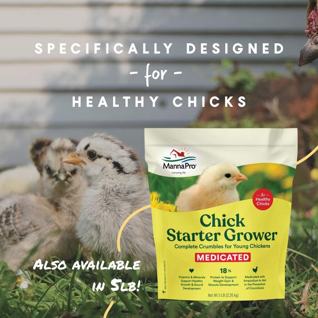 Manna Pro Chick Starter Grower - Medicated Chick Feed Crumble for Young Chickens - Formulated with Amprolium to Prevent Coccidiosis - 5 lbs