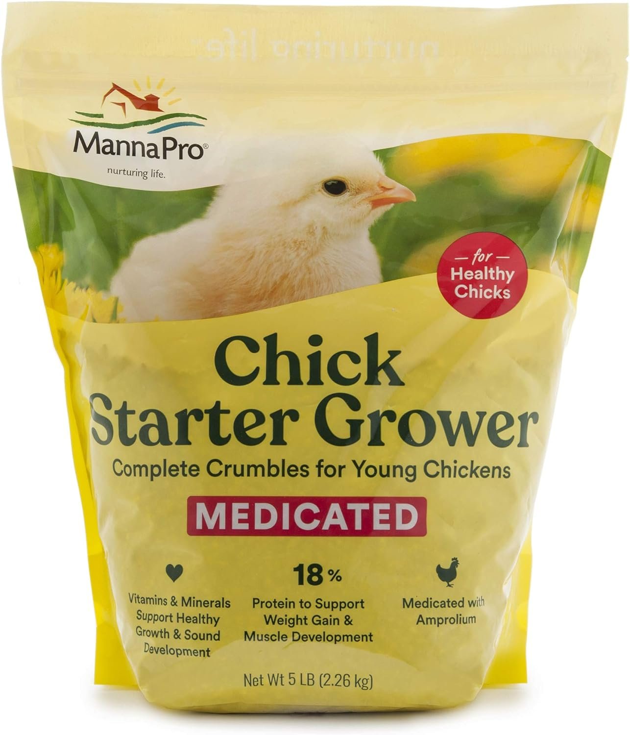 Manna Pro Chick Starter Grower - Medicated Chick Feed Crumble for Young Chickens - Formulated with Amprolium to Prevent Coccidiosis - 5 lbs