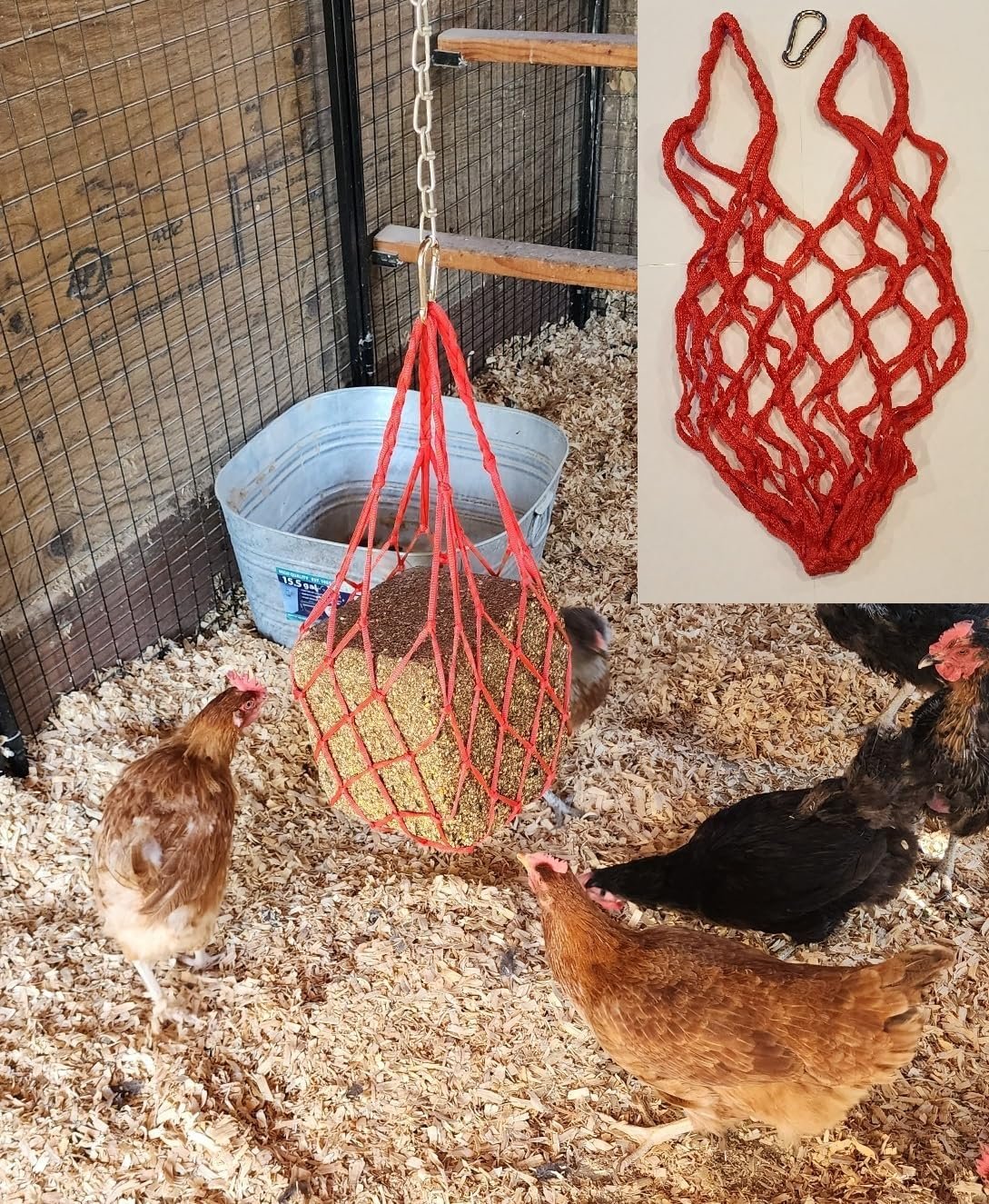 Muzzys RED Chicken Coop Flock Block Bird Seed Hanging Bag Veggie Treat Holder - Poultry Feeder Toy Accessories Cabbage Bowl Sack