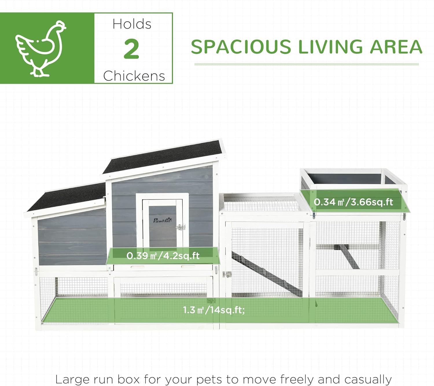 PawHut Chicken Coop with Extra Shade, Large Poultry Cage, Hen House with Flower Bed, Outdoor and Waterproof, Wooden, Stone Grey