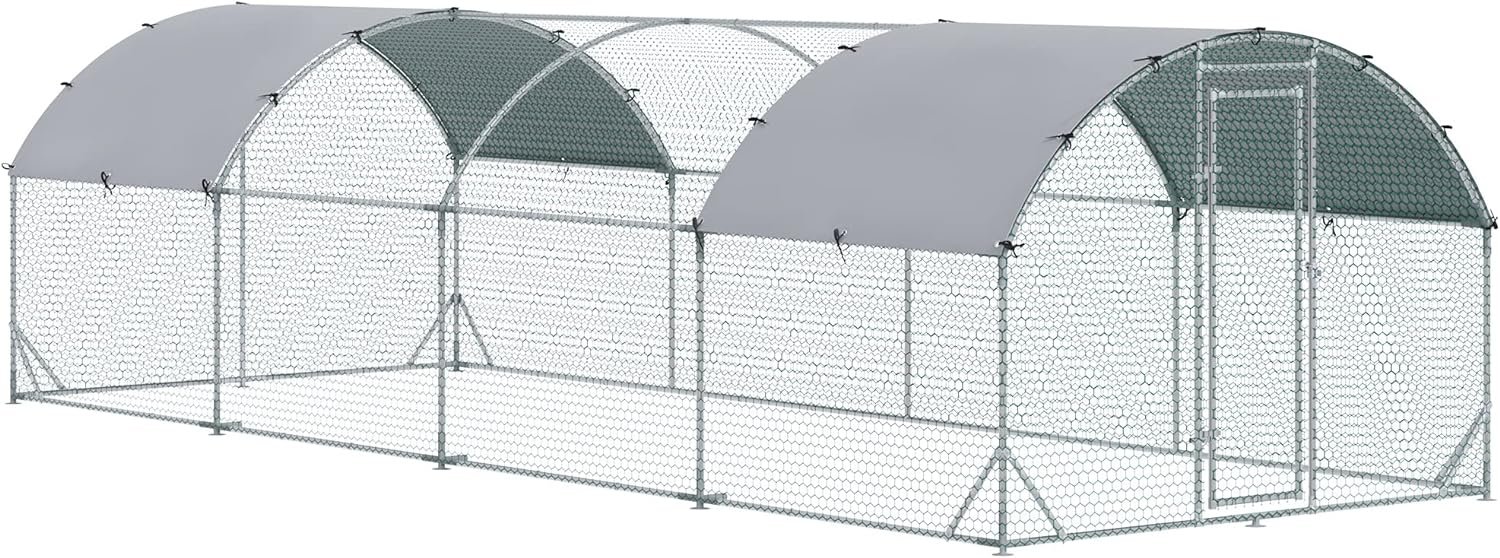 PawHut Large Metal Chicken Coop, Walk-in Poultry Cage with Cover, for Ducks and Rabbits, Outdoor Backyard 9.2 x 24.9 x 6.5 Silver