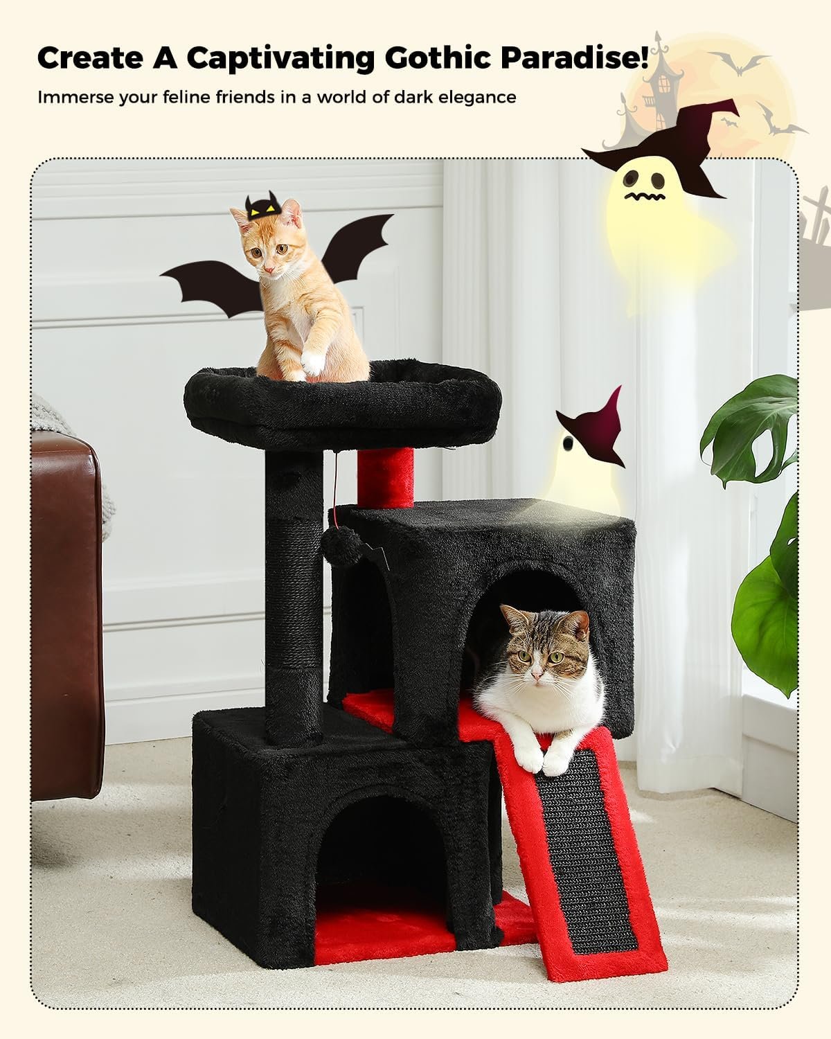 PAWZ Road Gothic Cat Tree, 30 Inches Black Cat Tower with Dual Condos for Indoor Cats, Spooky Cat House with Padded Perch, Scratching Ramp and Posts and Bat Toys