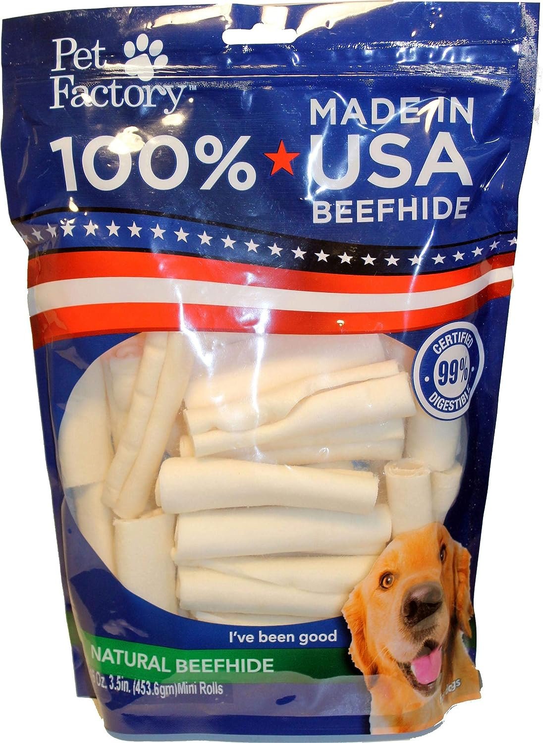 Pet Factory 78121 Beefhide | Dog Chews, 99% Digestive, Rawhides to Keep Dogs Busy While Enjoying, 100% Natural Flavored Rolls, 1 Pound Pack 3-3.5 Size, Made in USA