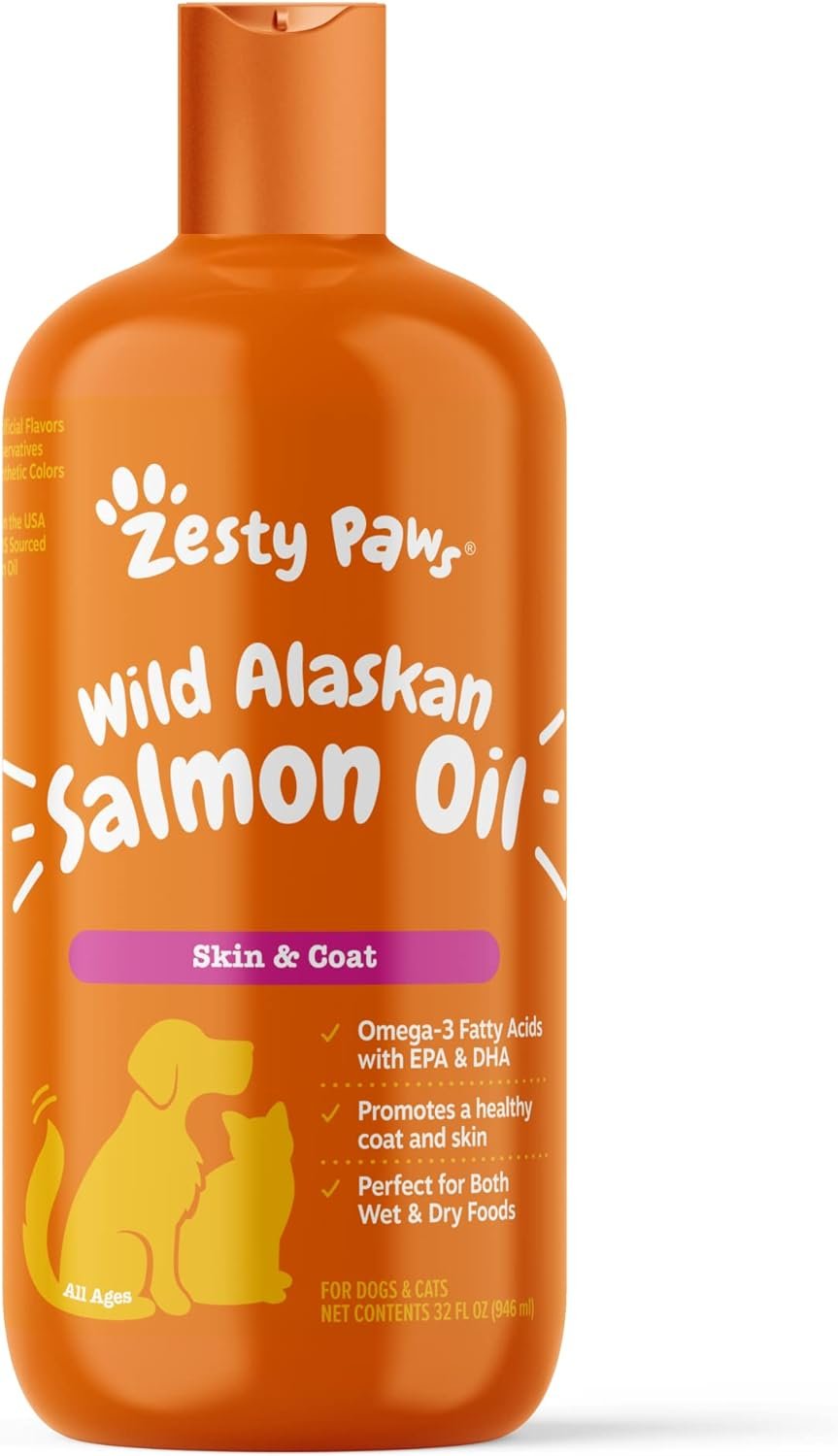 Pure Wild Alaskan Salmon Oil for Dogs  Cats - Omega 3 Skin  Coat Support - Liquid Food Supplement for Pets - Natural EPA + DHA Fatty Acids for Joint Function, Immune  Heart Health, 32 Fl Oz