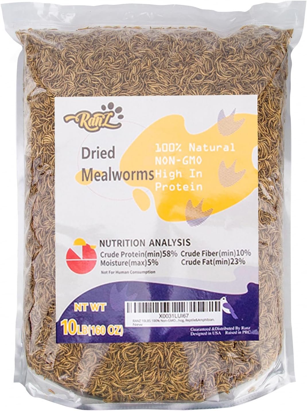RANZ 10LBS Non-GMO Dried Mealworms for Chickens, High Protein Meal Worms, Whole Large Mealworms for Wild Birds, Ducks, Hedgehogs, Reptiles. Premium Chicken Feed, Perfect Bird Food and Chicken Treats
