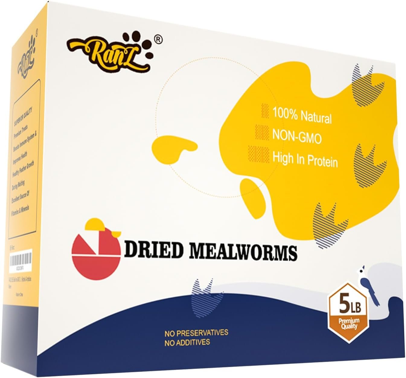 RANZ 5LBS Non-GMO Dried Mealworms for Chickens, High Protein Meal Worms, Premium Chicken Feed, Perfect Bird Food and Chicken Treats, Whole Large Mealworms for Wild Birds, Ducks, Fish
