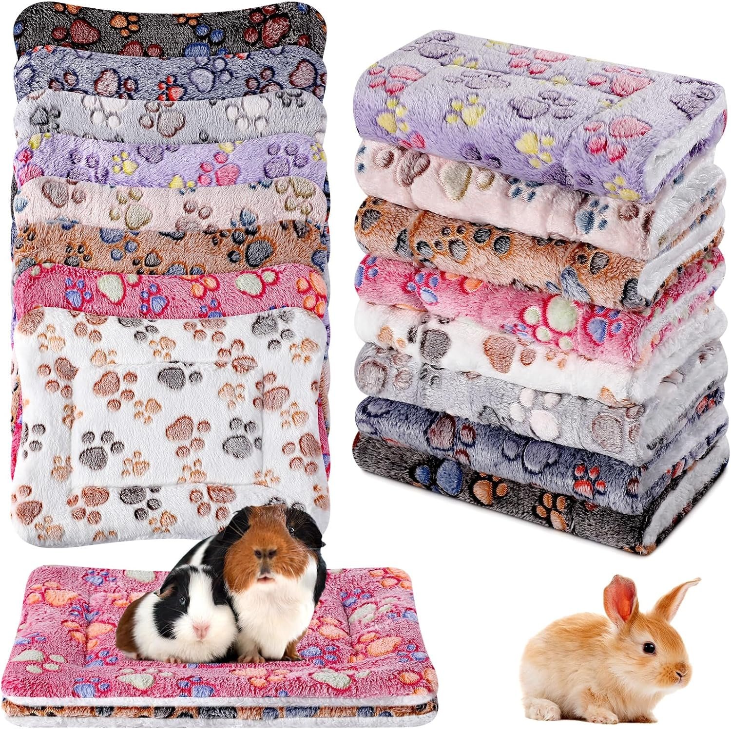 Ripeng 8 Pcs Bulk Guinea Pig Bed Mat Fleece Crate Cat Bed Hamster Bedding Paw Print Blanket Bed for Small Animal Winter Thickened Plush Bunny Dog Bed Washable Kennel Pad (Multicolor,12.6 x 9.8)
