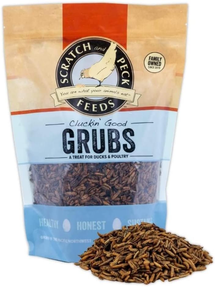 Scratch and Peck Feeds Cluckin’ Good Grubs for Chickens - Sustainably Grown in North America - Natural High Protein, Calcium Dense - Dried Black Soldier Fly Larvae Bird Treats - 3.5-lbs.