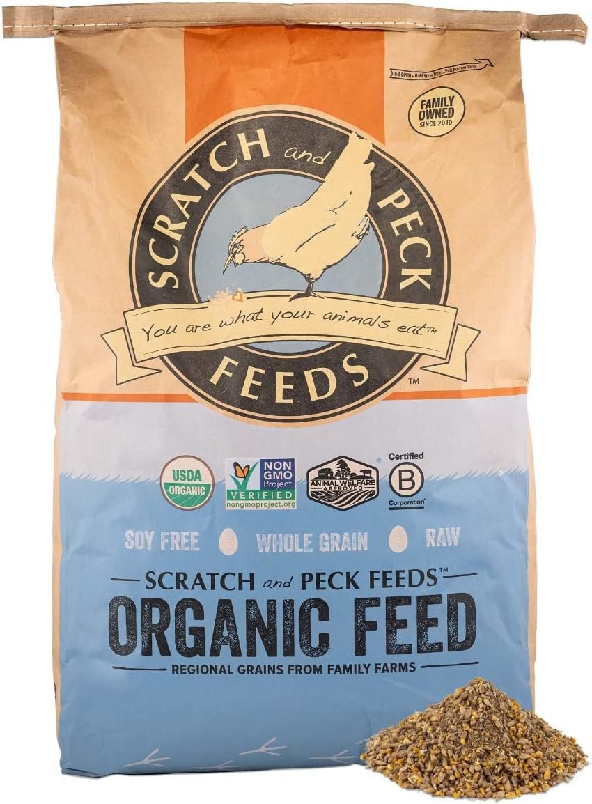 Scratch and Peck Feeds Organic Broiler Feed + Corn - Grower Feed, 19% Protein - Premium Whole Grain Feed Formulated with Sustainable Grub Protein, Vitamins, and Minerals - 40lb