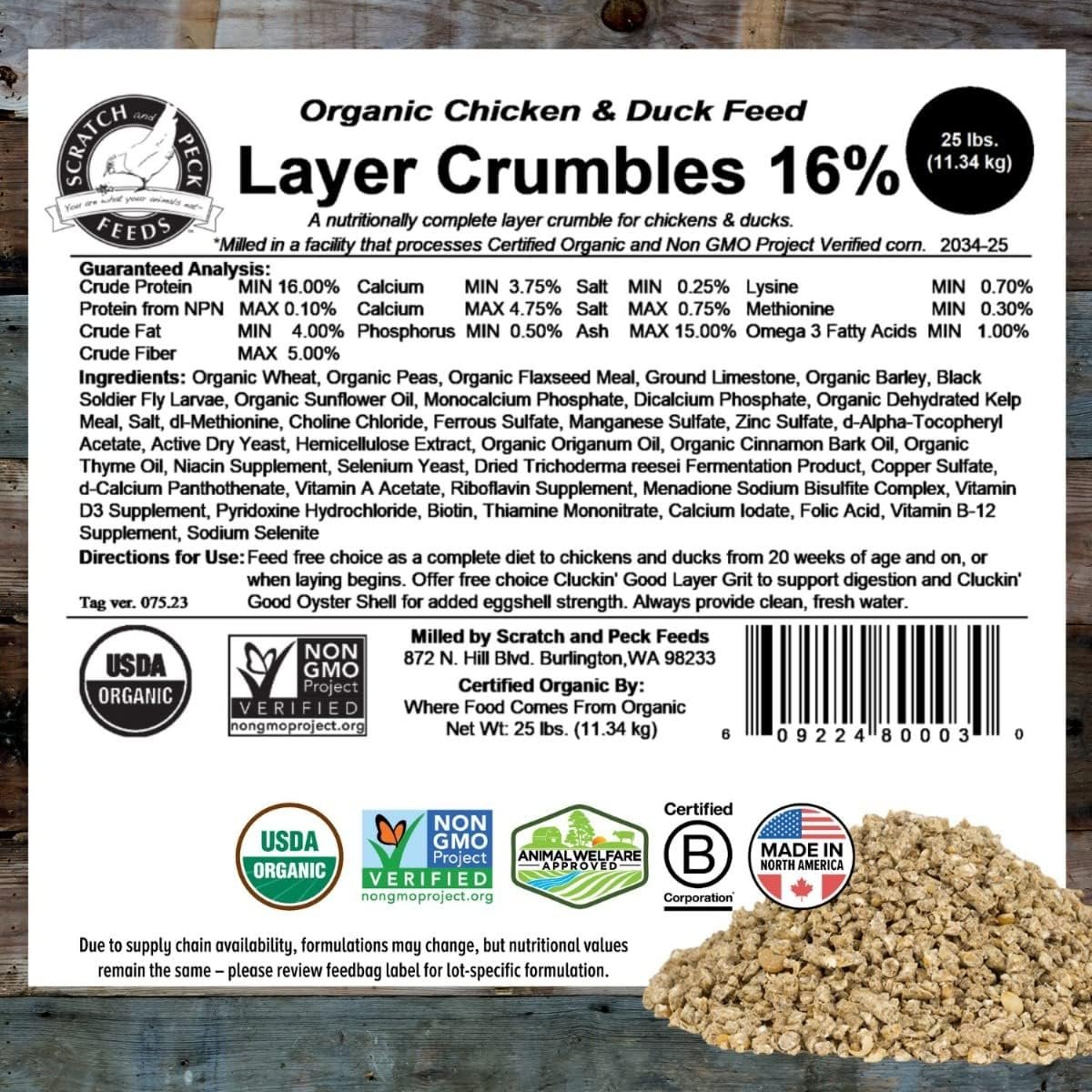 Scratch and Peck Feeds Organic Layer Crumbles - 25-lbs. - Premium Chicken and Duck Feed Formulated with Sustainable Grub Protein, Vitamins, and Minerals