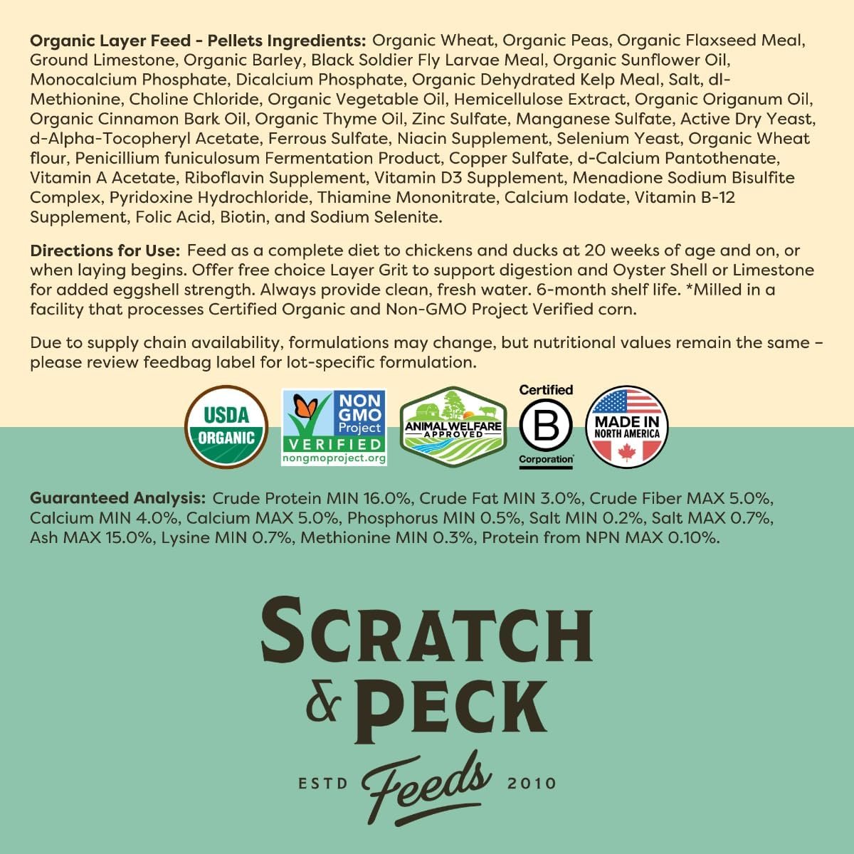 Scratch and Peck Feeds Organic Layer Pellets 16% - Premium Chicken and Duck Feed Formulated with Sustainable Grub Protein, Vitamins, and Minerals