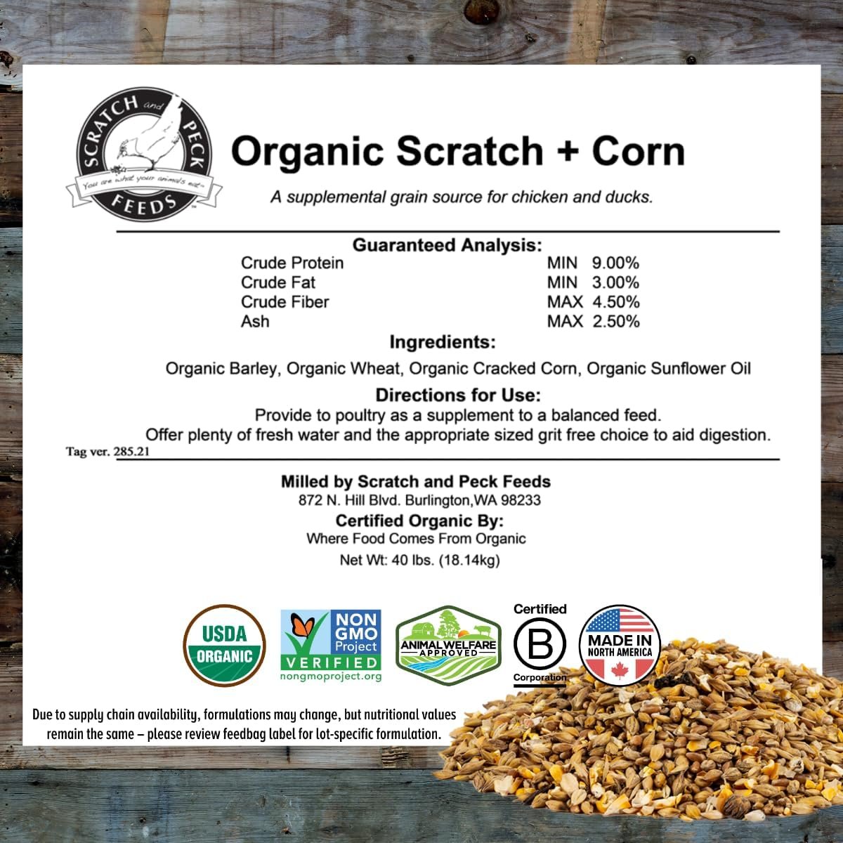 Scratch and Peck Feeds Organic Scratch + Corn, 9% Protein - Premium Supplemental Grain Source for Chickens and Ducks - 25lb