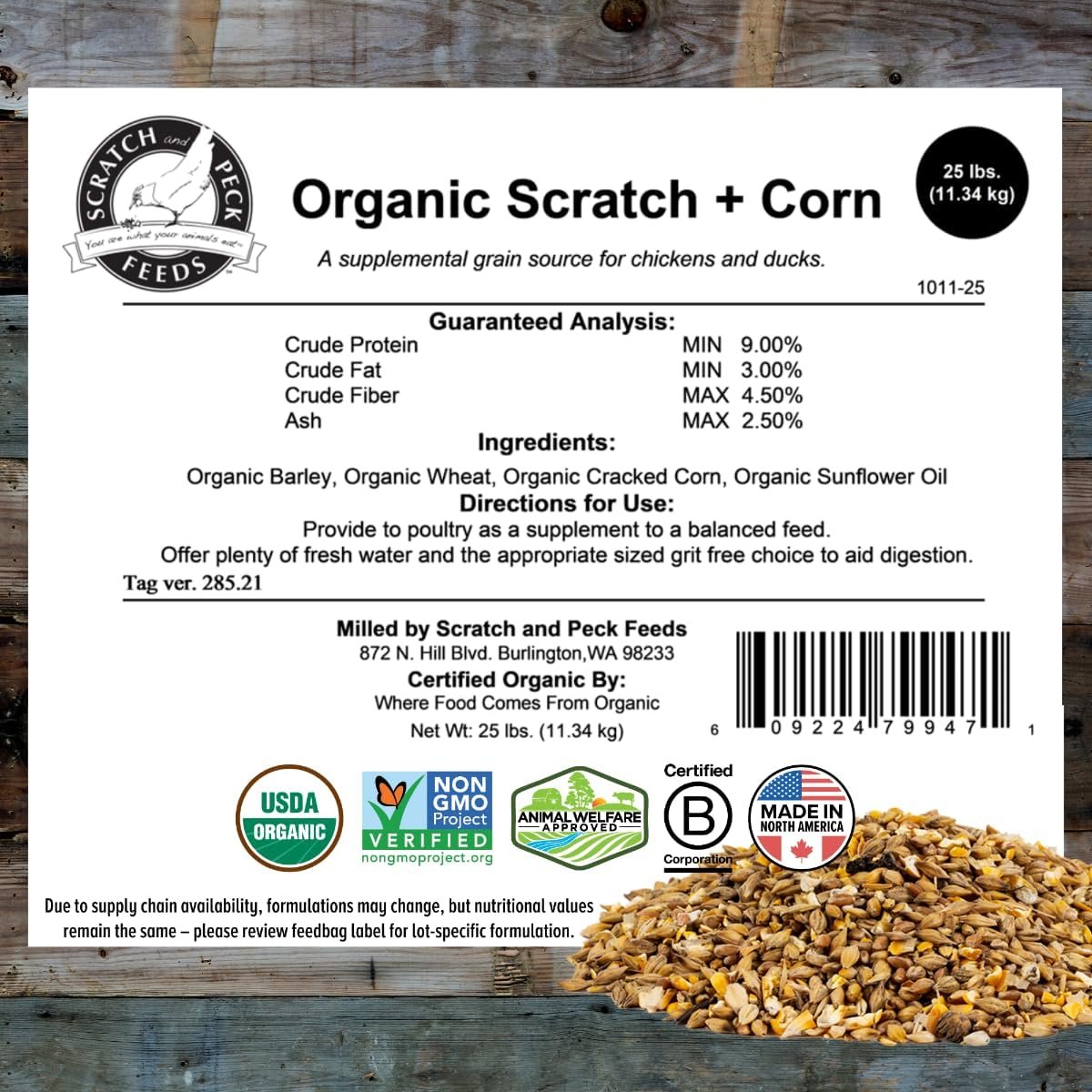Scratch and Peck Feeds Organic Scratch + Corn, 9% Protein - Premium Supplemental Grain Source for Chickens and Ducks - 25lb