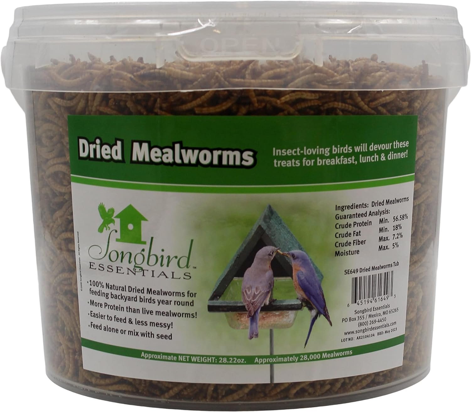 Songbird Essentials Dried Mealworms for Wild Birds, 100% Natural Mealworms for Chickens, Bluebirds, Reptiles and Ducks, 28.22 Ounce Bucket