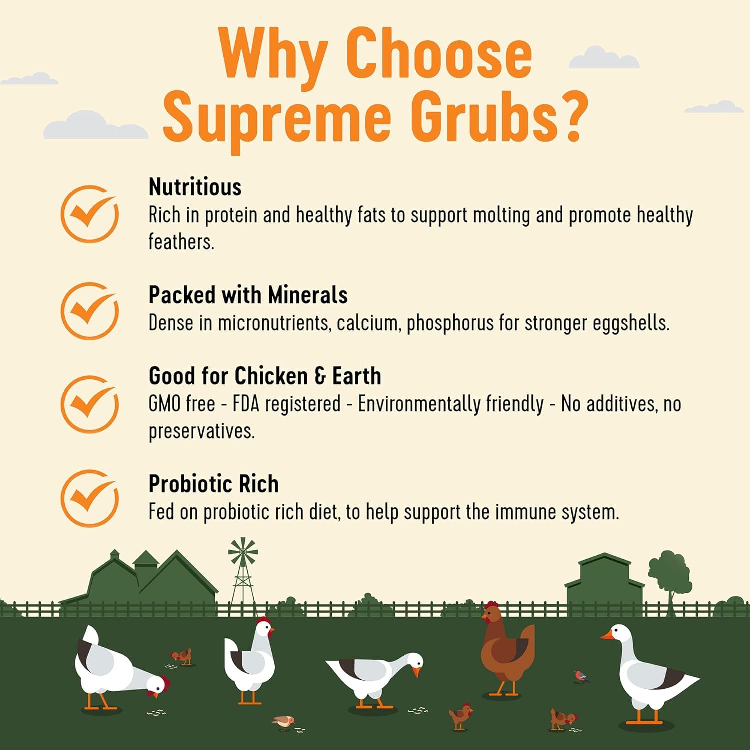 Supreme Grubs Natural Black Soldier Fly Larvae for Chickens, 85X More Calcium Than Mealworms-High Protein Grub Food Chicken Treats for Hens, Probiotic-Rich Chicken Feed, Calcium-Dense Bird Treat 5lb