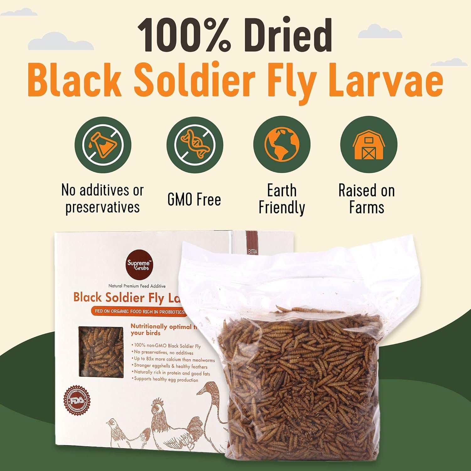 Supreme Grubs Natural Black Soldier Fly Larvae for Chickens, 85X More Calcium Than Mealworms-High Protein Grub Food Chicken Treats for Hens, Probiotic-Rich Chicken Feed, Calcium-Dense Bird Treat 5lb