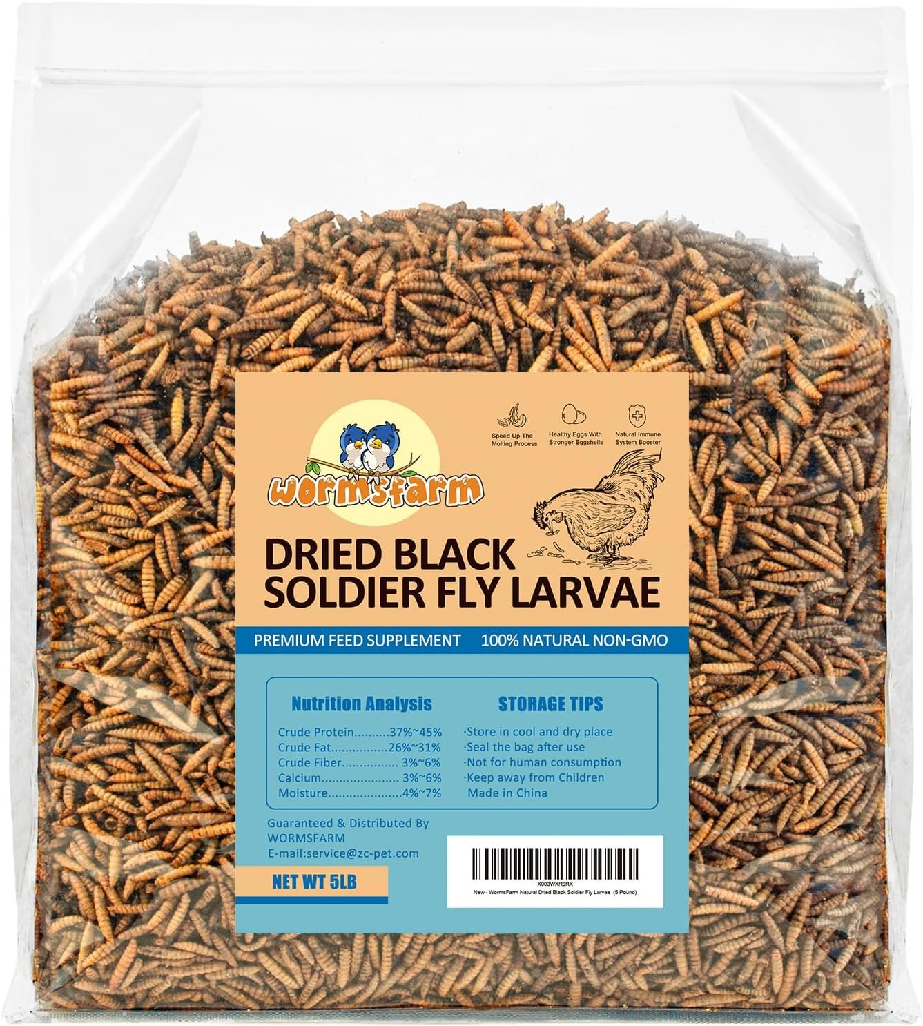 WormsFarm 5LB Black Soldier Fly Larvae for Chicken 85× More Calcium Than Dried MealWorms Treats for Laying Hens,Blue Birds Feeder (5 Pound)