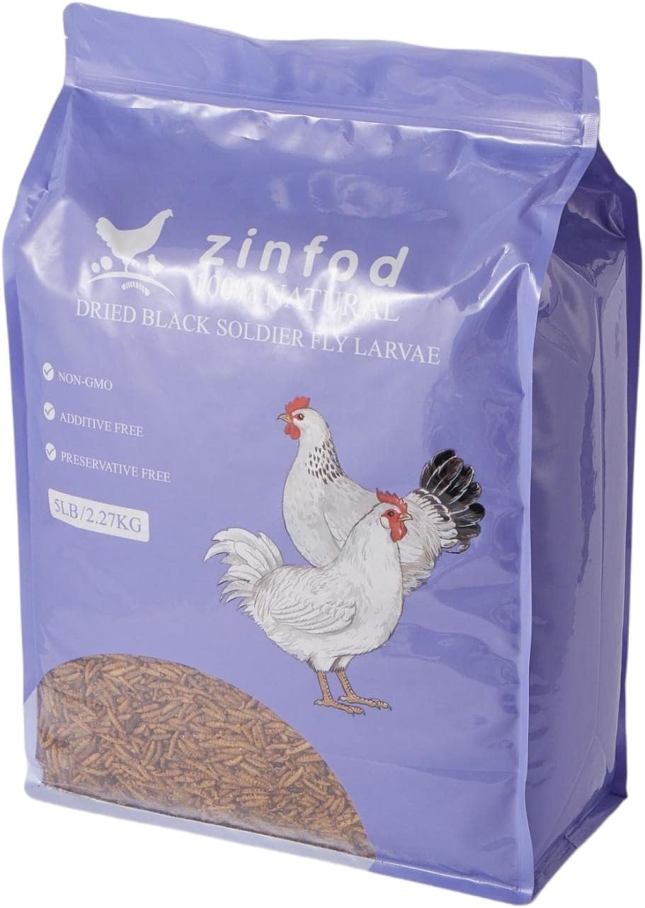 ZINFOD 5LBS Dried Black Soldier Fly Larva Non-GMO Chicken Feed for Chickens Superior to Dried Mealworms 85X More Calcium Molting Supplement - BSF Treats for Hens, Ducks, Wild Birds ,Reptile.