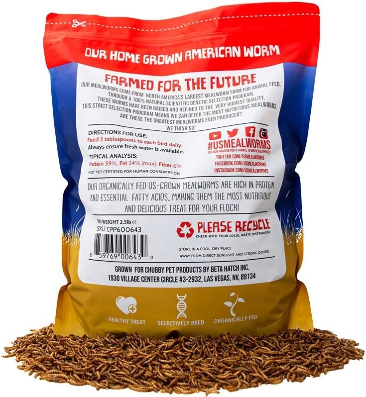 2.5Lbs Chubby US Grown Organically Fed Non-GMO Dried Mealworms - Chicken/Duck Treats - Made in The USA