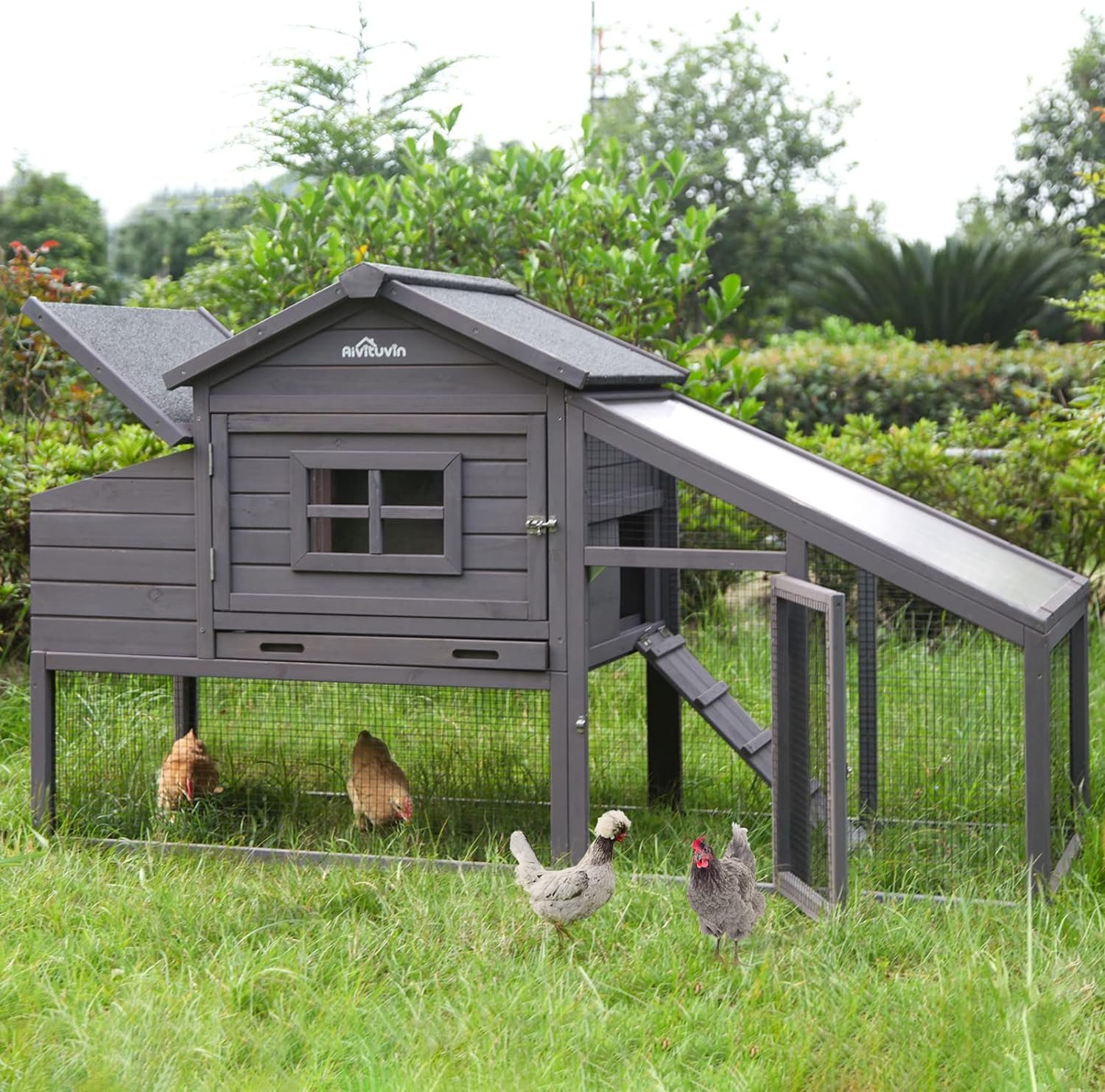Aivituvin Wooden Chicken Coop, Large Outdoor Hen House with Nest Box Poultry Cage, Rabbit Hutch - Waterproof UV Panel 69in