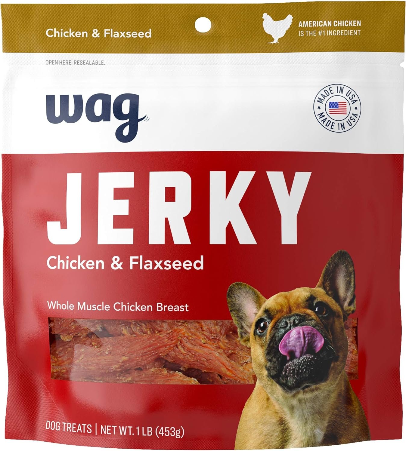 Amazon Brand – Wag Chewy Whole Muscle American Jerky Dog Treats – Chicken  Flaxseed (1 lb), Grain Free