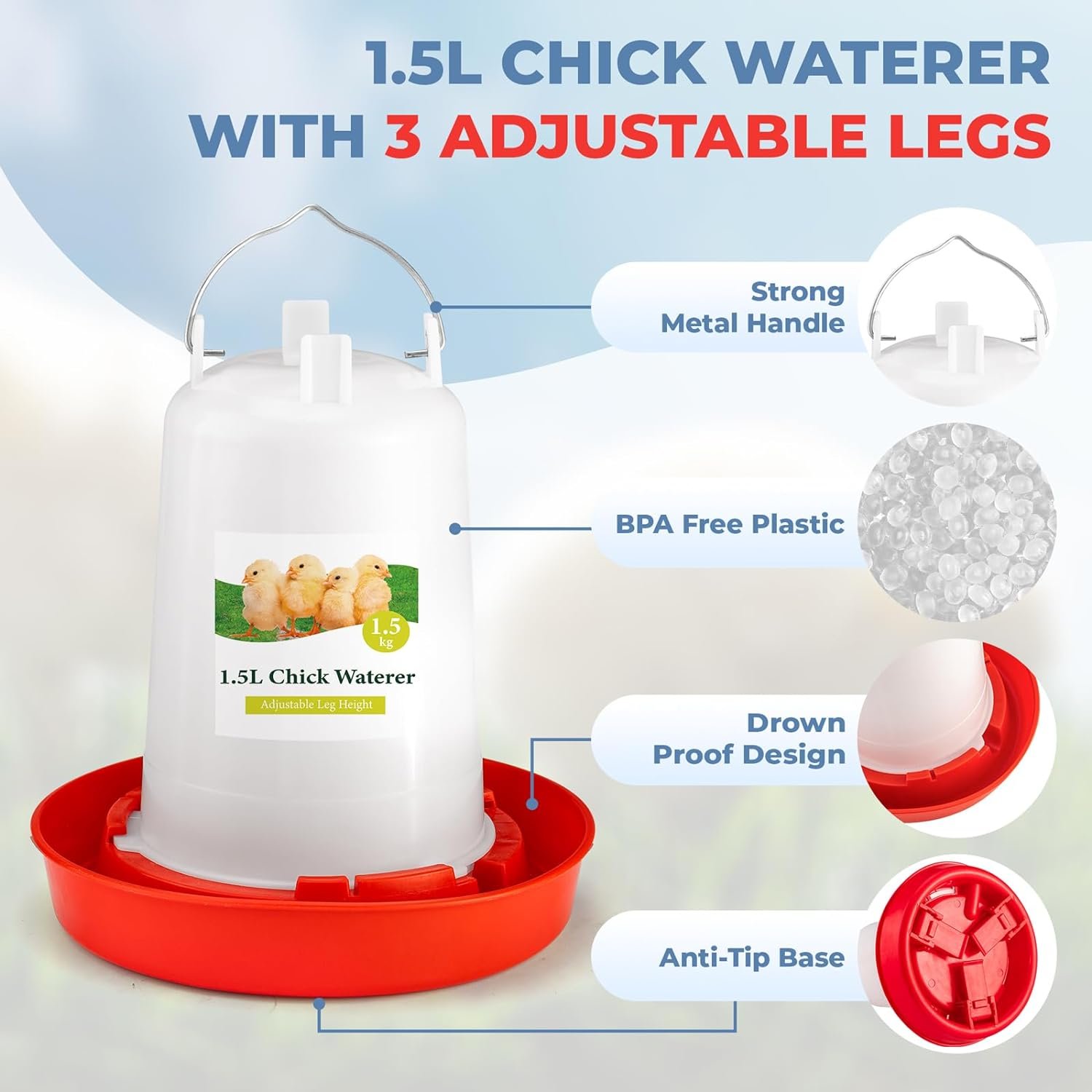 Automatic Chick Feeder and Waterer Kit, 1L Chicken Feeder 1.5L Chicken Waterer No Leakage Adjustable Legs Ideal for Chickens Ducks Quails Durable Poultry Starter Set