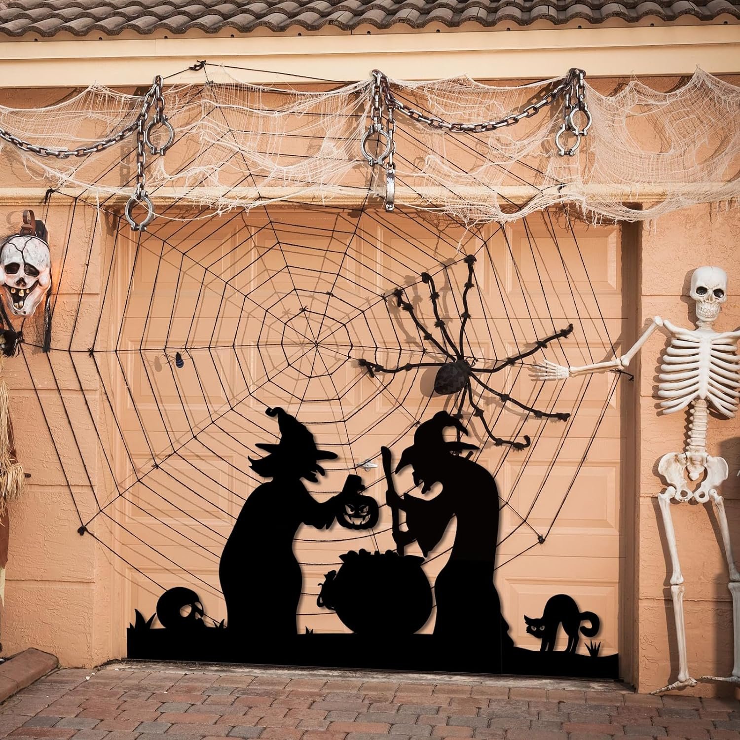 Halloween Witch Decorations Outdoor - 2 Large Black Witches with Cauldron, Scary Halloween Silhouette with Lights for Outside Halloween Garage Door Wall Yard Decor