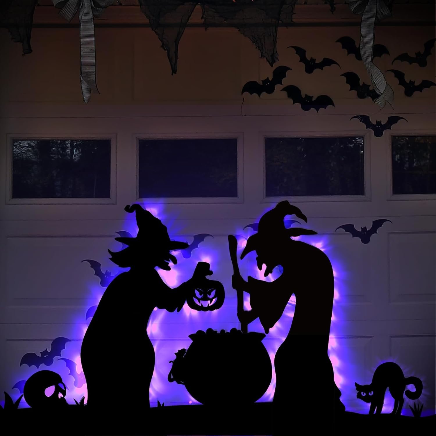 Halloween Witch Decorations Outdoor - 2 Large Black Witches with Cauldron, Scary Halloween Silhouette with Lights for Outside Halloween Garage Door Wall Yard Decor