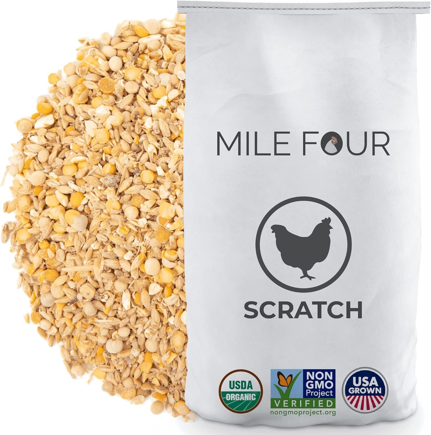 Mile Four | Chicken Scratch | Organic | Non-GMO, Soy-Free, Non-Medicated, Whole Grain Treat for Hens  Roosters | US Grown Grains | 11% Protein | 46 lbs.