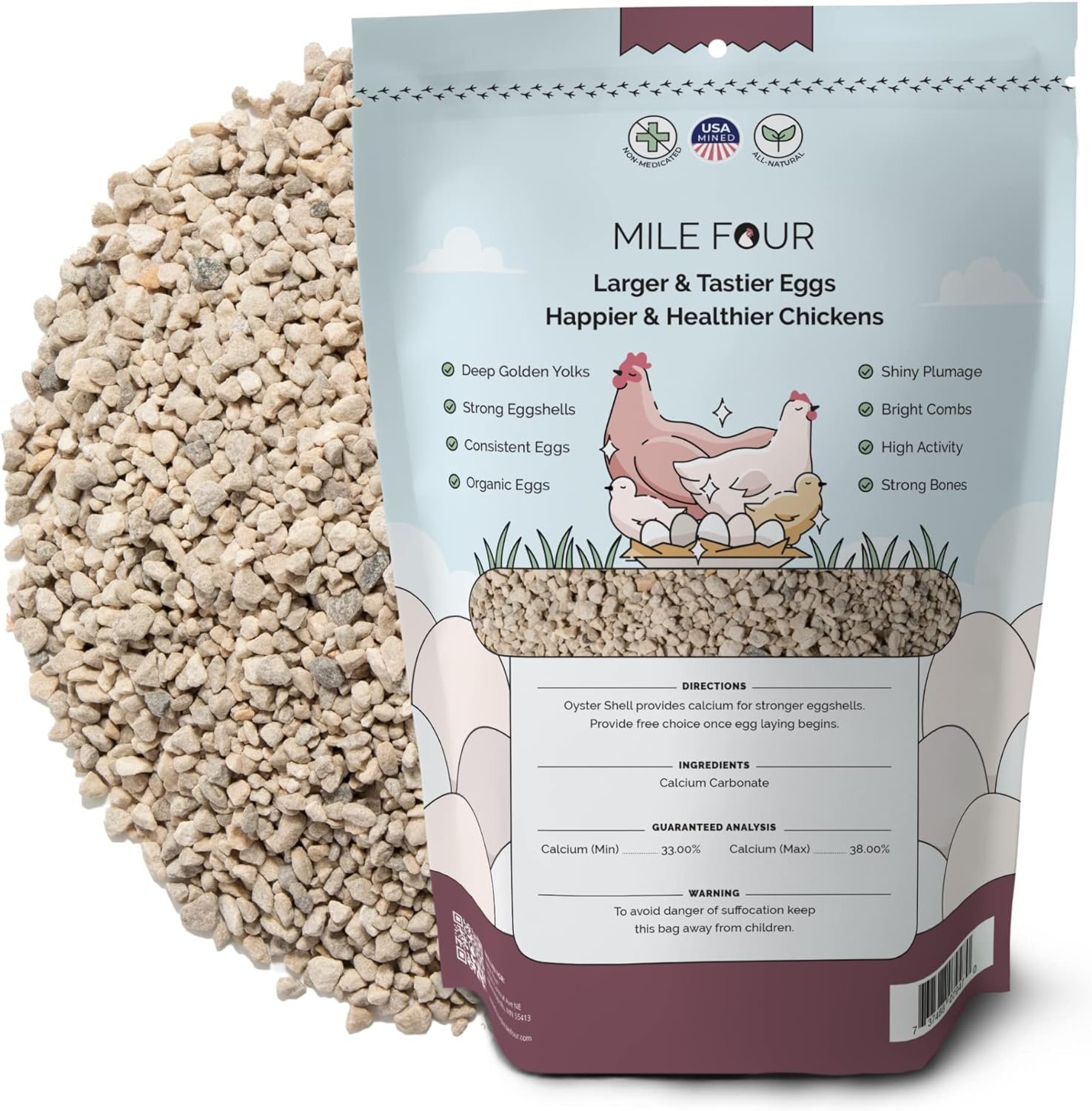 Mile Four | Oyster Shell | Calcium Supplement for Chickens | Natural Crushed Limestone Calcium Carbonate | Eggshell  Bone Booster for Laying Hens | US Mined | 4 lbs.