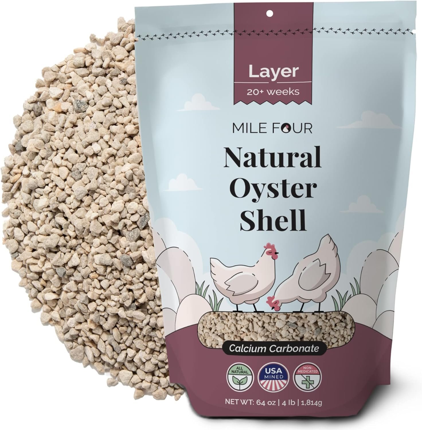 Mile Four | Oyster Shell | Calcium Supplement for Chickens | Natural Crushed Limestone Calcium Carbonate | Eggshell  Bone Booster for Laying Hens | US Mined | 4 lbs.