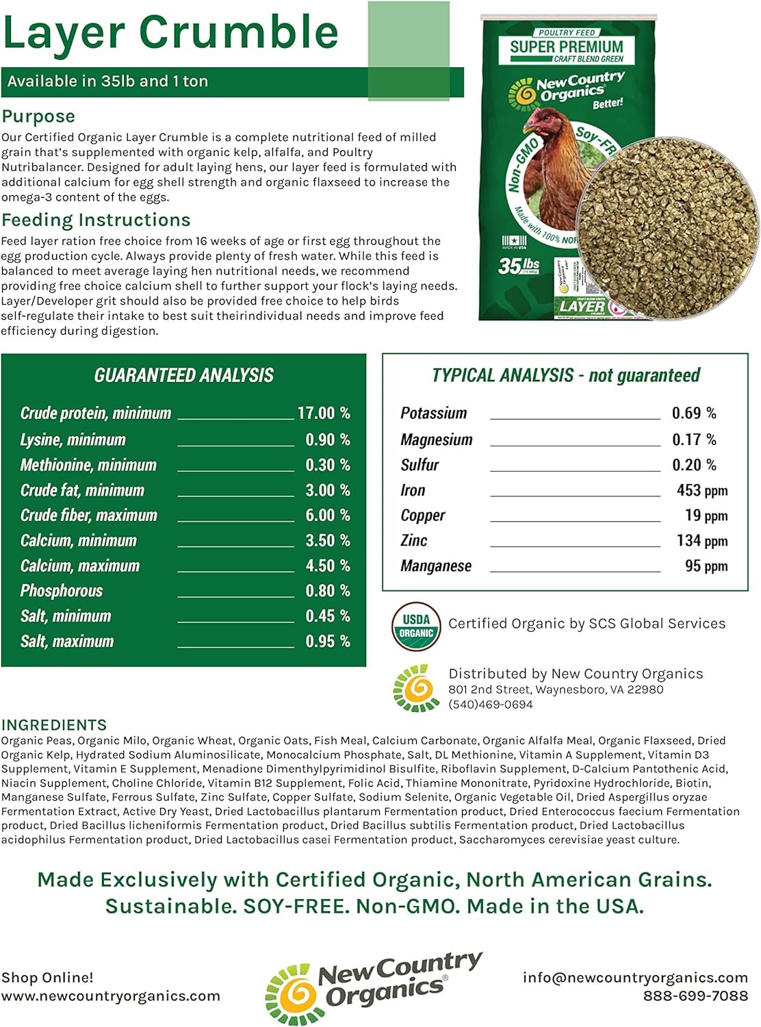 New Country Organics | Layer Crumble for Laying Hens | Soy-Free | 17% Protein | Certified Organic and Non-GMO | 35 lbs