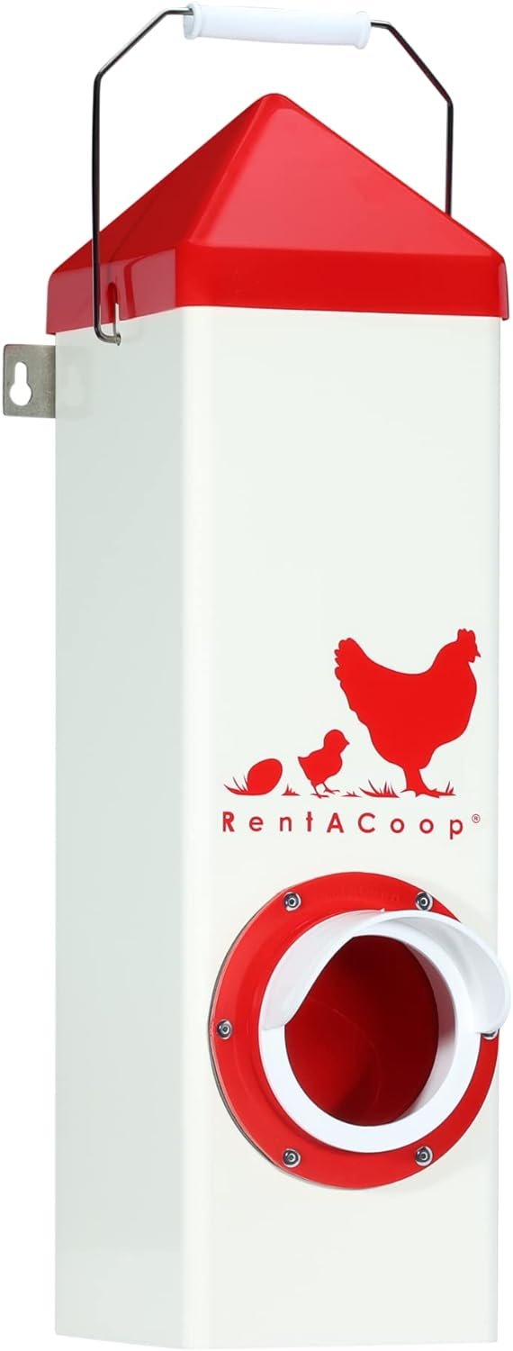 RentACoop 10lb High Rise BPA-Free Single-Port Chicken Feeder - Includes Anti-Roost Lid, Rain Hood, and Mounting Hardware - Suitable for 12 Week or Older Chickens, Adult Chickens, and Poultry