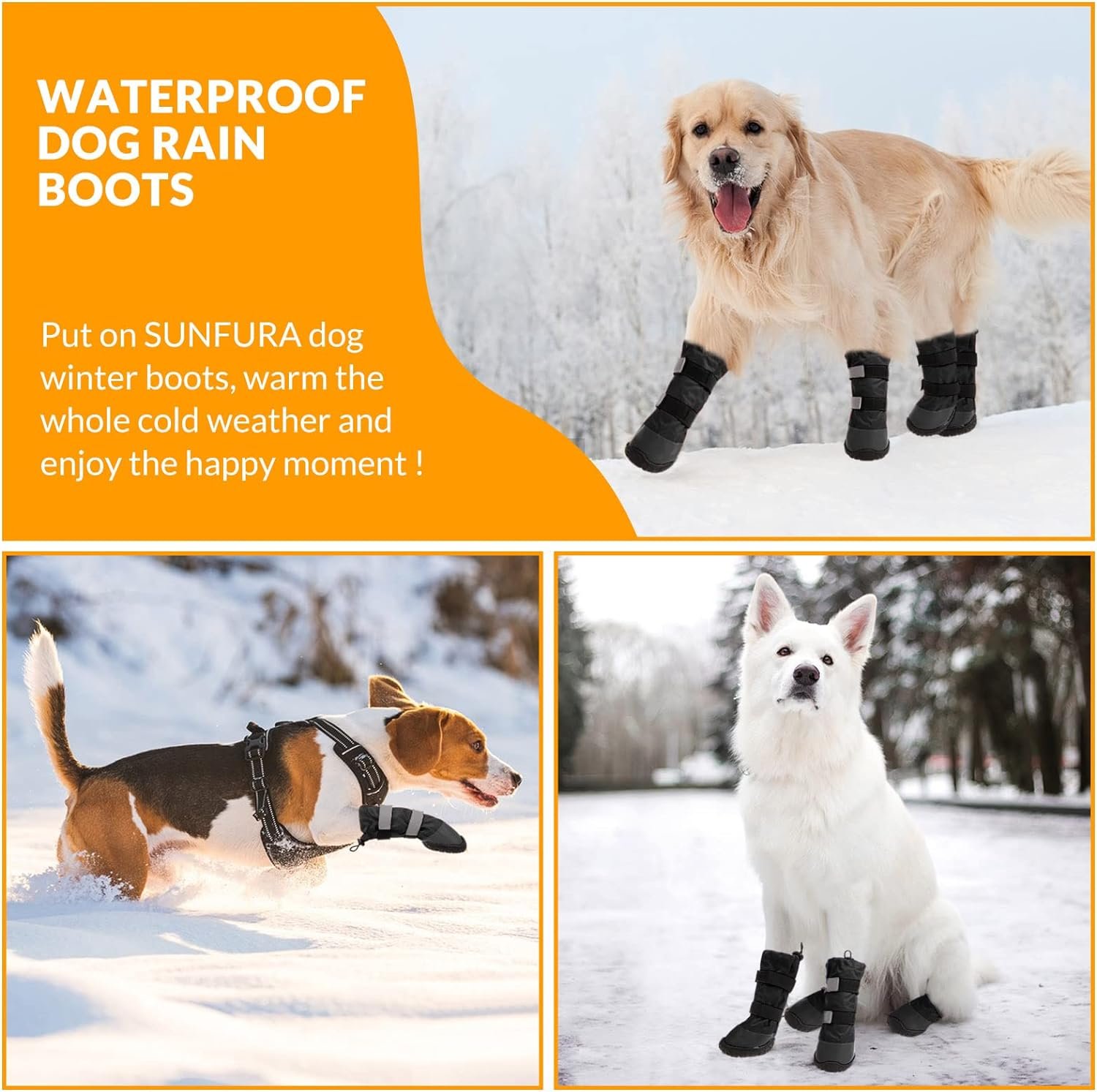 SUNFURA Dog Rain Boots with Warm Fleece, Waterproof and Skid-Proof Medium Large Dog Shoes with Reflective Straps and Rugged Sole, Pet Snow Booties Winter Paw Protector for Outdoor Running Hiking
